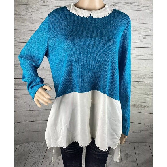 Elle Faux Layer Sweater Large Sparkly Teal Blue White Peter Pan Collar Rib Knit - Picture 1 of 12